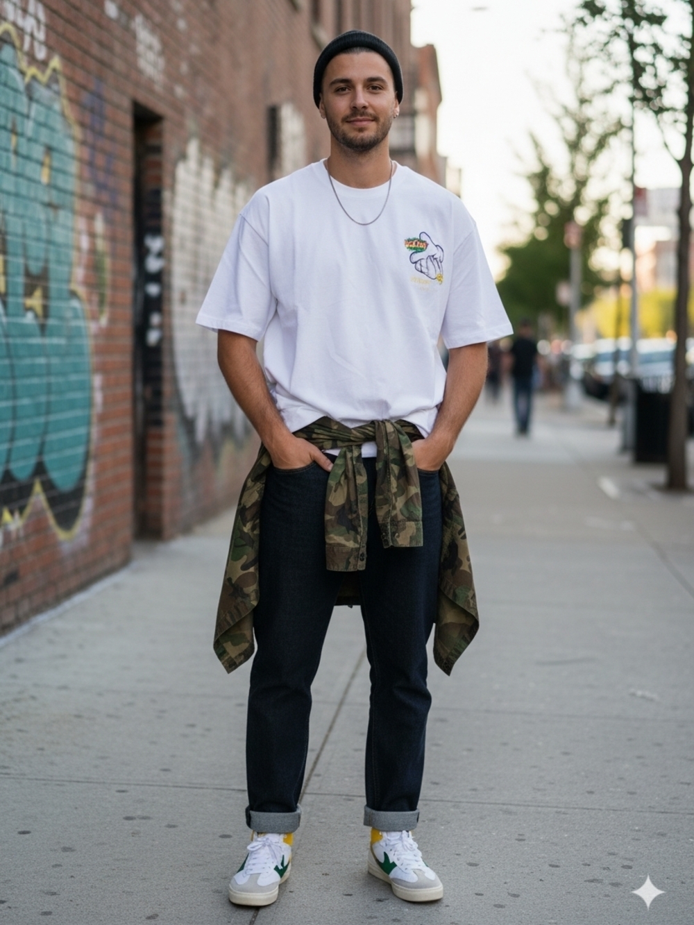 White Graphic Tee with Green "Unique" Back Print